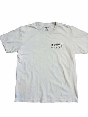 Caravan Sleep Graphic T-Shirt Light Blue Japanese Text